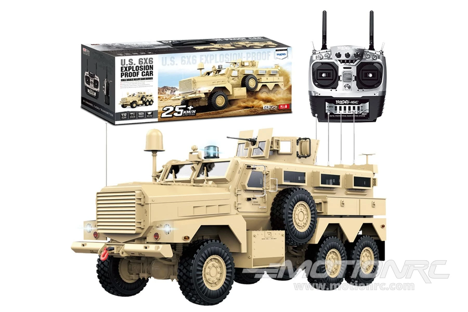 Heng Guan US Military MRAP Tan 1/12 Scale 6x6 Armored Tactical Vehicle - RTR 6 Heng Guan US Military MRAP Tan 1/12 Scale 6x6 Armored Tactical Vehicle - RTR - Image 4